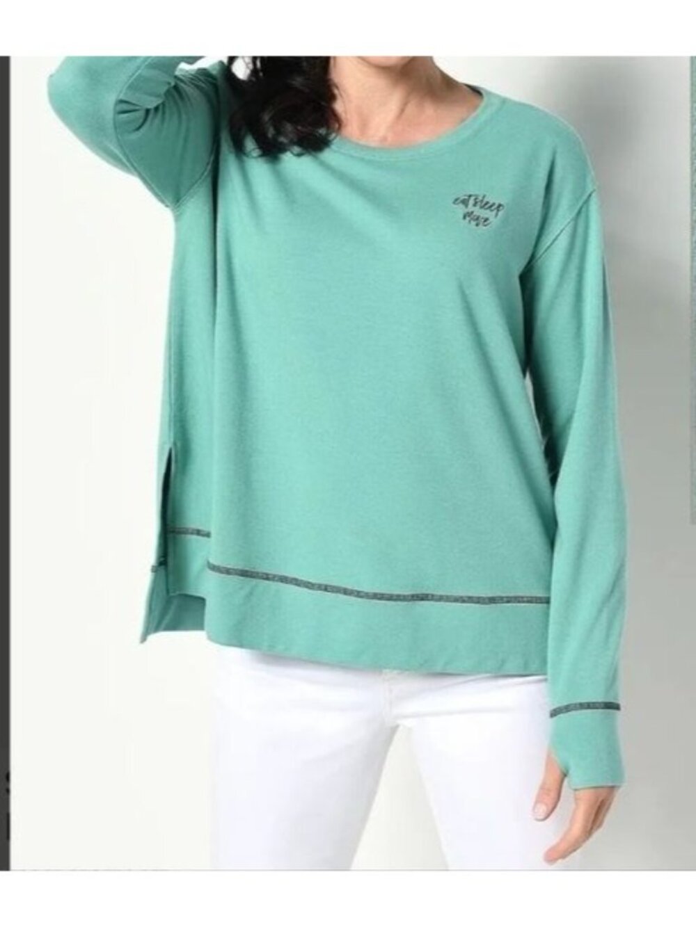 Studio Park Womens Green Pullover Long-Sleeve Top Eat Sleep Move Graphic Size M - Picture 2 of 7